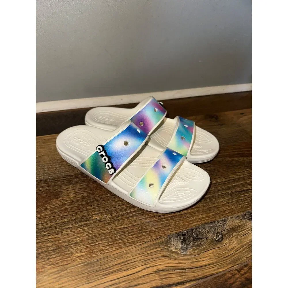CROCS White Slide Sandals with Rainbow Gradient Straps